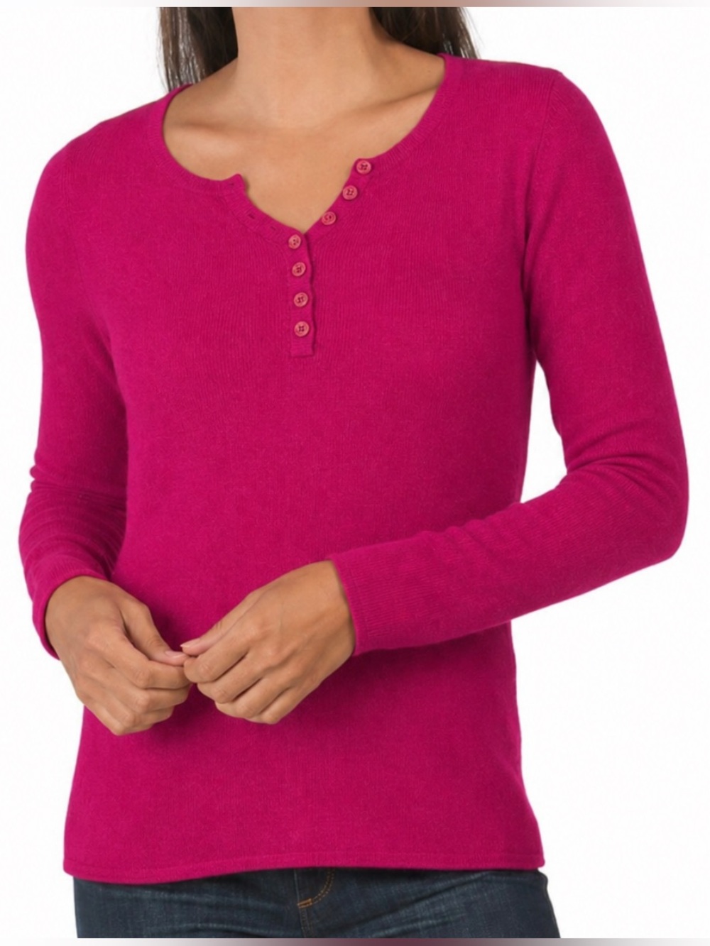Mercer & Madison 100% Cashmere Fuchsia Pink Quarter Button Knit Henley Long Top